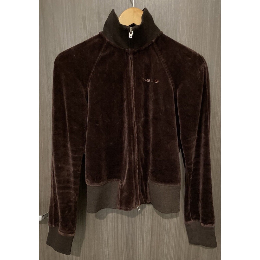 BEBE Y2K Medium Tracksuit Hoodie Jacket Vintage Velvet Velour Brown Embellished